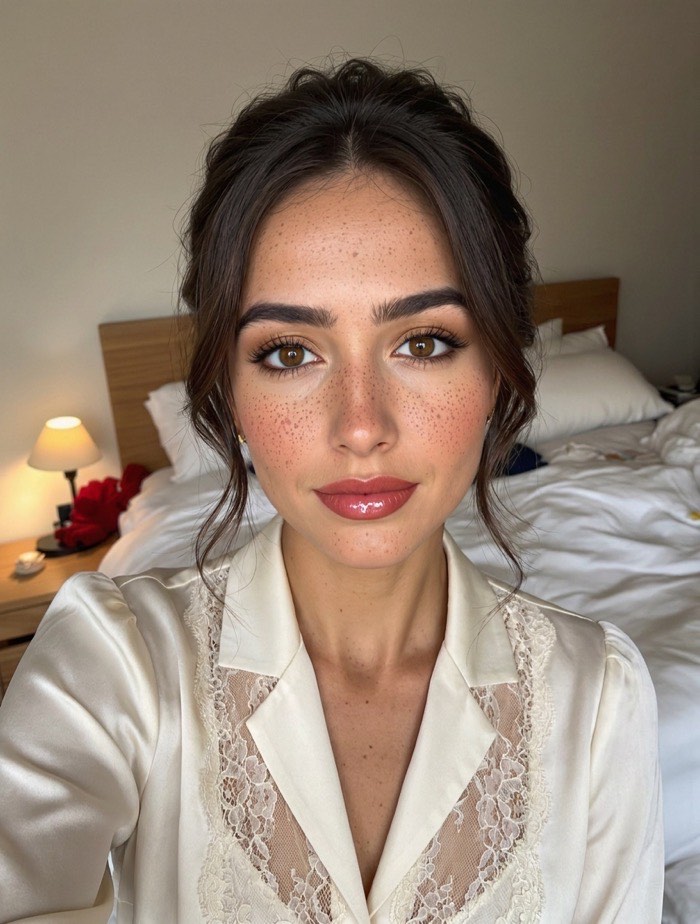 After: sunlit bronze pressed along the outer lid, peach coral glow blended straight across the cheeks and a warm rose coral lip, with the hair taken up into a low chignon and an ivory lace blouse. The freckles are still visible.