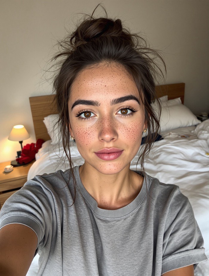 Before: bare medium-depth skin with freckles across the nose and cheeks, hair loosely pinned up, grey t-shirt.