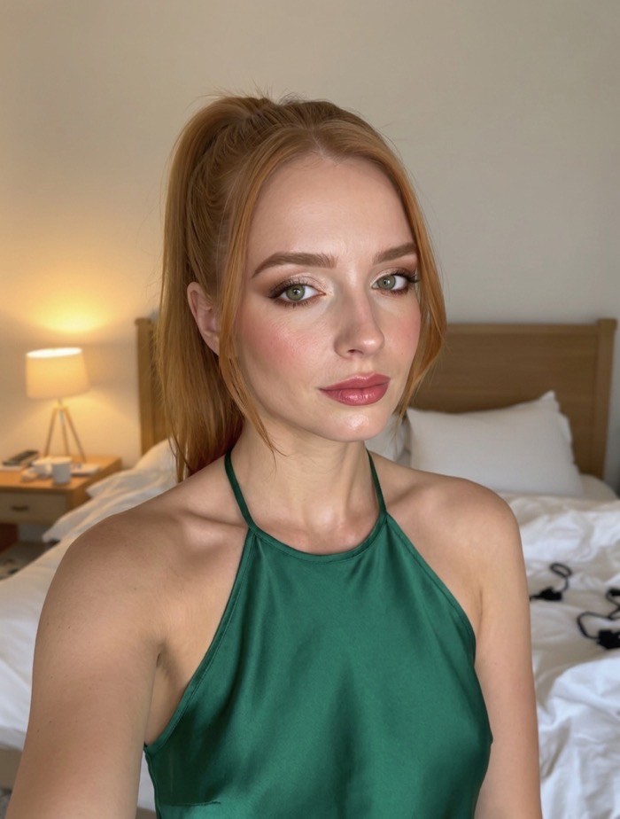 After: bronze terracotta spark packed along the outer lid, apricot glow across the cheeks and a rose-coral satin lip, with the hair in a high sleek ponytail and an emerald halter dress. The freckles are sheered but still visible.