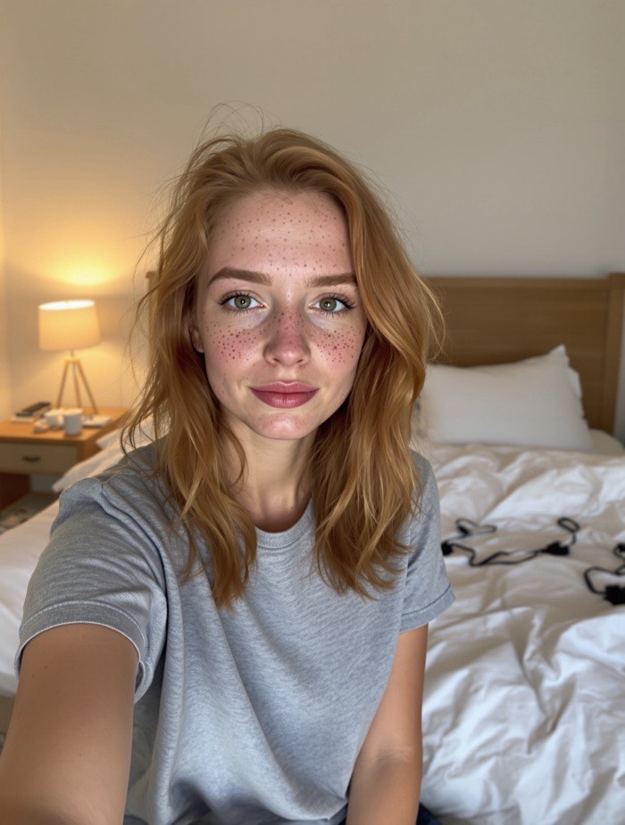 Before: bare light skin with heavy freckling across the nose and cheeks, strawberry-blonde hair worn loose, grey t-shirt.