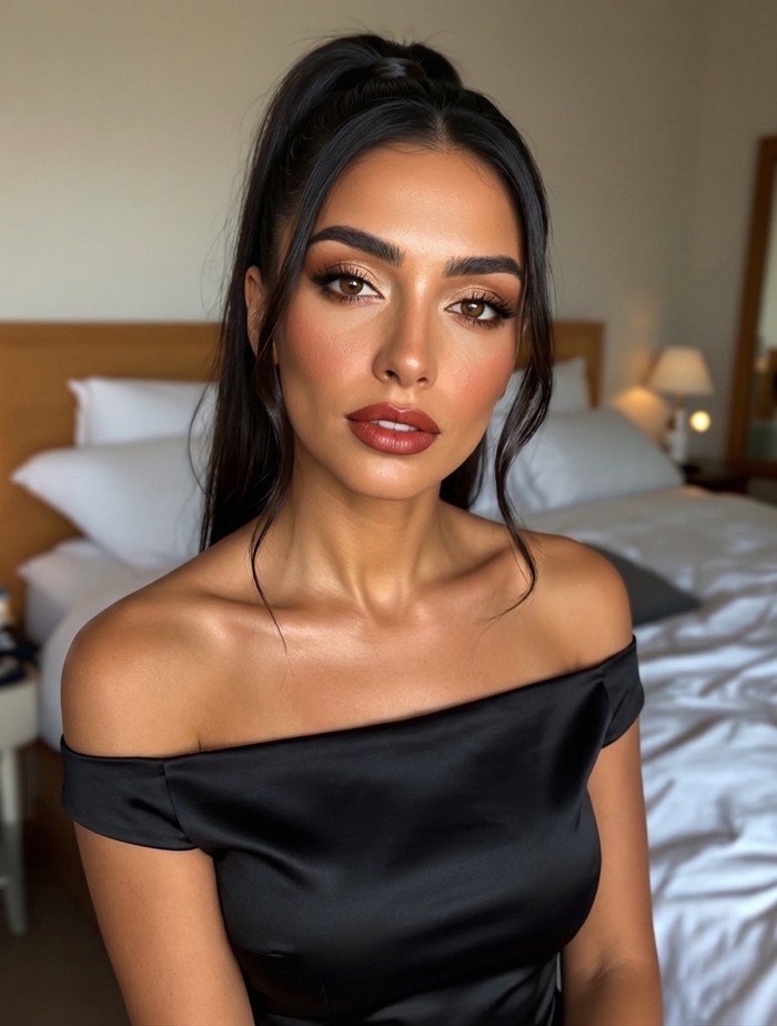 After: deep bronze along the outer lid and the lower outer lash line, terracotta rose on the cheeks and a brick rouge lip, with the hair in a high sleek ponytail and a black off-shoulder dress.