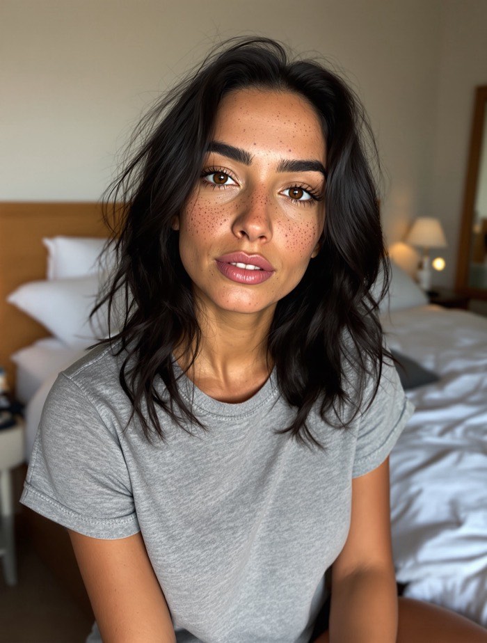 Before: bare tan skin with freckles across the cheeks and nose, dark wavy hair worn down, grey t-shirt.