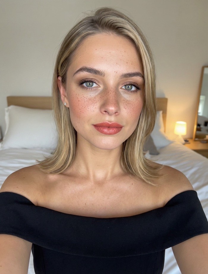 After: bronze terracotta pressed along the outer lid and lash line, peach coral swept back toward the temple and a warm coral satin lip, with a sleek side-parted blowout and a black off-shoulder top.