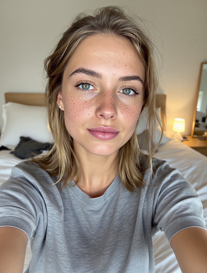 Before: bare light skin with freckles, green eyes and blonde hair, grey t-shirt.